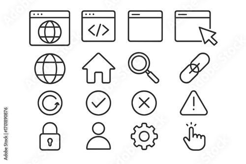 Web page line icon set for UI UX design. Website interface and app development signs. Vector outline icons like home, search, settings, user, security, and alert.