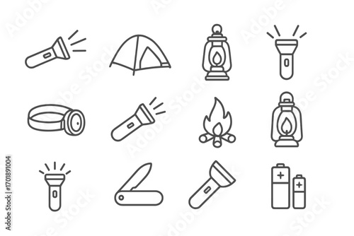 Camping and hiking line icon set. Outdoor adventure and survival equipment symbols. Includes flashlight, tent, lantern, campfire, headlamp, pocket knife, and batteries. Vector.