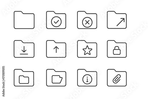 Folder line icon set for file management. Vector symbols for web, app UI UX design. Includes download, upload, security lock, favorite star, information and attachment signs.