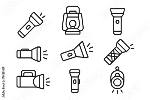 Flashlight thin line icon set. Camping lantern, headlamp, and torch vector symbols. Outline graphic elements for hiking, travel, and emergency equipment. For web and app design.