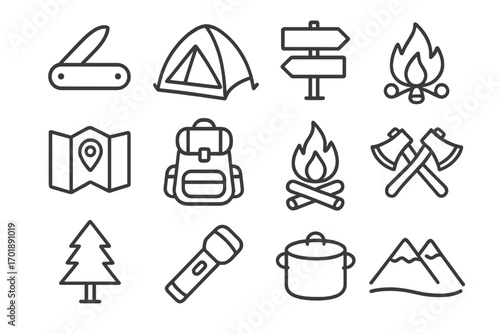 Camping and hiking line icon set. Outdoor adventure and survival equipment symbols. Outline vector icons like tent, campfire, backpack, map, mountains for web and graphic design.