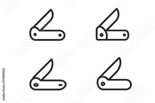 Folding knife line icon set. Pocket knife outline vector symbols for graphic and web design. Camping, hiking, and survival tool pictogram collection for apps and adverts.