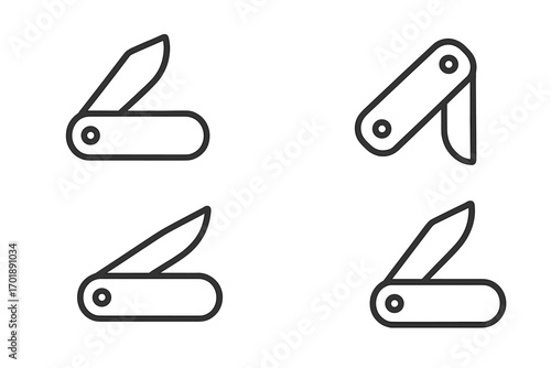 Folding knife line icon set. Pocket knife outline symbols for graphic and web design, apps. Vector illustration for camping, hiking, survival gear. Penknife tool pictogram.