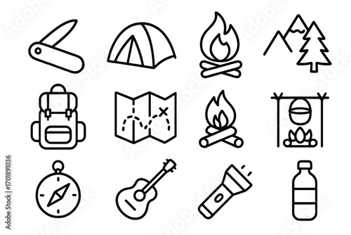 Camping and hiking line icon set. Outdoor adventure travel equipment symbols. Vector collection of outline icons: tent, campfire, mountain, backpack, map, compass, knife.