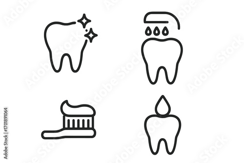 Dental care icon set. Tooth hygiene collection. Minimalistic thin line icons for web and graphic design. Toothbrush, toothpaste, clean sparkling tooth, dental rinse symbols.