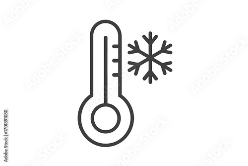 Thermometer and snowflake icon. Cold weather, freezing temperature concept. Winter season symbol. Meteorology, climate forecast sign. Minimalist outline vector illustration.
