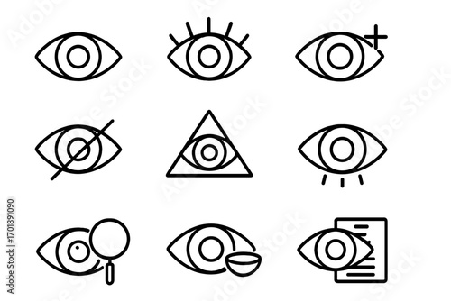 Eye icon set. Vision line icons. Ophthalmology, optometry symbols. See, search, blind, hidden concepts. All-seeing eye, contact lens, document review vector pictogram collection.