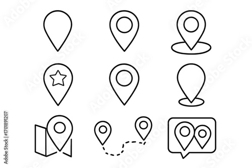 Map pin line icon set. Location marker collection for navigation and GPS. Vector outline symbols for web, app, UI, UX design. Route, destination, and position pointers.