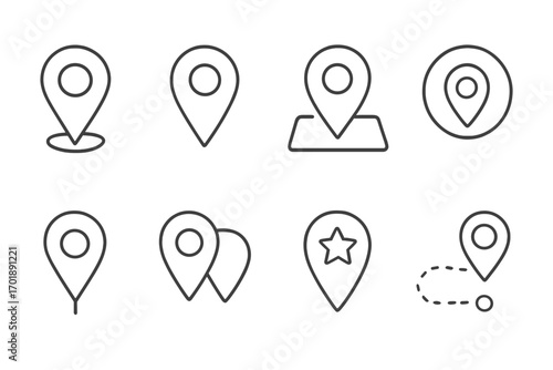 Vector map pin and location marker line icon set for navigation and destination. GPS pointer, route, and favorite place outline symbols for web design, apps, and graphics.