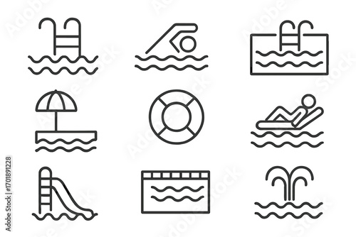 Swimming pool icon set vector bundle. Water park line icons. Summer leisure activity. Vacation symbols. Swimmer, slide, lifebuoy, fountain, ladder, umbrella. Minimal pictograms.