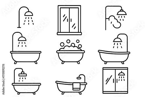 Bathroom line icon set. Shower, bathtub, and plumbing fixtures collection. Vector outline symbols for hygiene, cleaning, and home spa. Simple pictograms for web and app design.