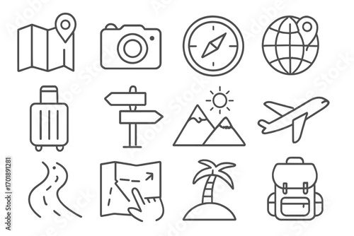 Travel and tourism line icon set. Journey and vacation outline symbols for web and graphic design. Vector collection of adventure, trip, and navigation concepts.
