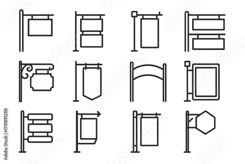 Street banner and signboard line icon collection. Vector set of outline signs for business, advertising, and promotion. Hanging sign templates for graphic and web design.