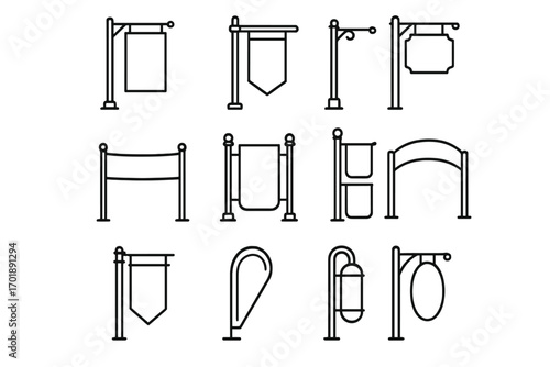 Street banner and signboard line icon set. Collection of outline advertising signs for outdoor promotion. Vector graphic elements for web design, apps, and marketing templates.