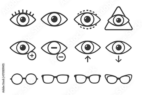 Eye and glasses line icon pack. Vector outline signs for ophthalmology, vision, web design. Farsightedness, nearsightedness, eye surgery, all-seeing eye, eyewear concepts.