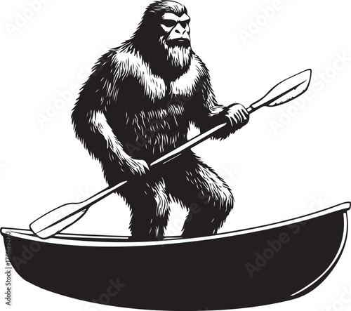 Bigfoot Canoeing Silhouette on Transparent Background