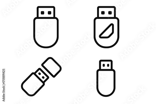 USB flash drive line icon set. Modern outline style symbols for web design, apps, and user interface. Vector concept for data storage, memory stick, and computer technology.