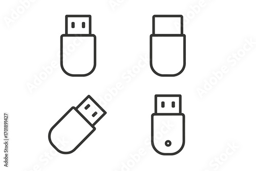 USB flash drive line icon set. Memory stick and thumb drive outline symbols for web and app design. Portable data storage device pictogram. Computer hardware vector element.