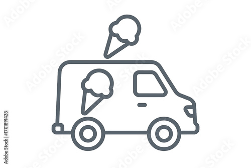 Ice cream truck vector line icon. Food van symbol for delivery service. Summer dessert minimalist graphic. Gelato mobile shop outline pictogram. Sweet street food car sign.