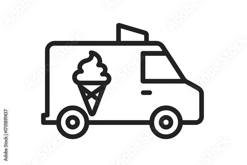 Ice cream truck line icon. Food van, mobile shop. Concept street food, delivery, summer dessert. Sweet business symbol. Minimal vector illustration. Outline graphic logo design.