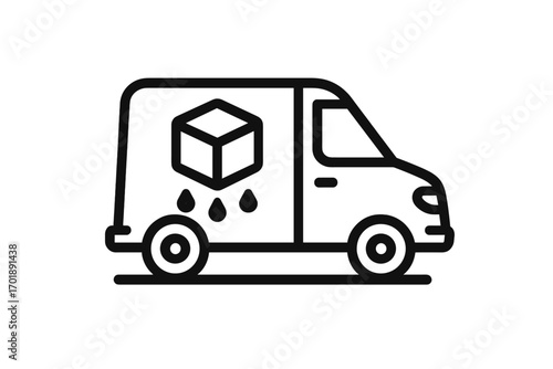 Refrigerated transport icon. Cold chain logistics symbol. Delivery van with frozen product. Perishable goods shipping concept. Freezer truck line art for logistics business.