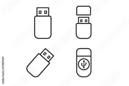 Set of USB flash drive icons in a modern outline vector style. Memory stick, pen drive concept. Digital data storage hardware for technology design, website, and apps.