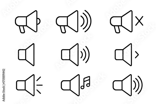 Megaphone and speaker line icon set for web and graphic design. Vector outline signs for volume control, mute, sound, music, and alert. UI UX elements for apps and websites.