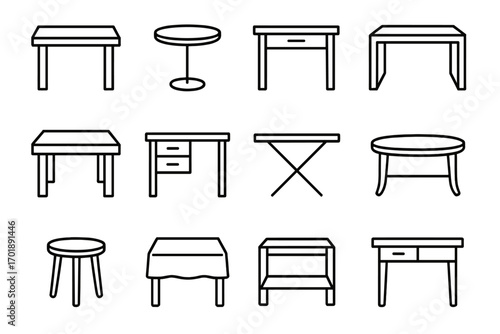 Table and desk line icon set. Furniture for home and office interior. Simple outline pictogram collection for web and graphic design. Coffee, dining, side table, stool vector.