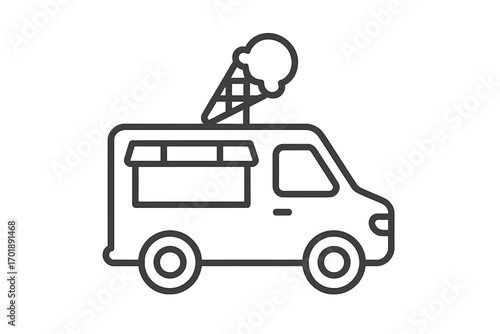 Ice cream truck outline icon. Mobile food van for street food, sweet dessert delivery. Summer festival vehicle symbol. Minimalistic linear vector illustration for design.