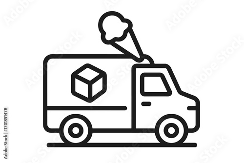 Ice cream truck delivery van thin line icon. Food service and cold chain logistics concept. Frozen product shipping vector symbol for graphic design, web, apps, business.