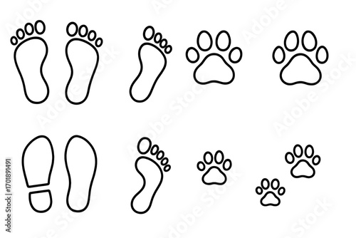 Footprint and paw print line icon set. Human foot steps, shoe prints, and pet tracks. Vector outline symbols for graphic design. Dog, cat, walk, trail, path concept.