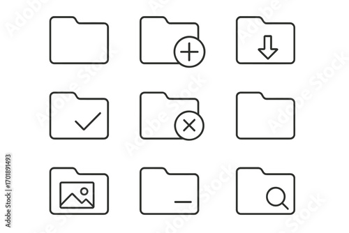 Folder line icon collection. Minimal linear pictogram set for web and app design. File management symbols for UI, UX. Add, download, delete, search, image folder. Vector.