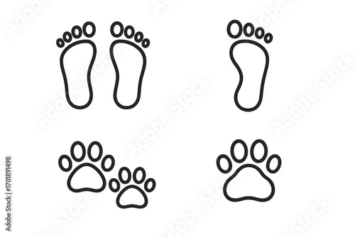 Footprint and paw print thin line icon set. Human foot and animal track silhouette. Vector outline signs for graphic design. Pet, dog, cat step symbol collection for web.