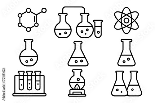 Chemistry line icon set. Science and education symbols for lab research. Vector collection of molecule, atom, flask, and test tube outline icons for web and apps design.