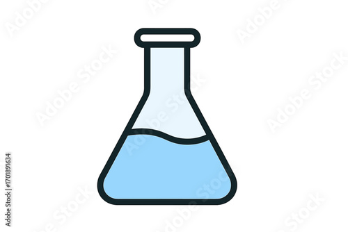 Chemistry lab beaker. Laboratory glass flask with liquid for chemical science experiment. Research, analysis, or pharmacy medicine concept. Medical test tube equipment icon.