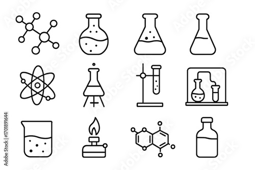 Chemistry line icon set. Science and laboratory research symbols. Vector collection of molecule, atom, flask, test tube, beaker for experiment, web, and app design.