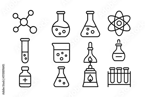 Chemistry line icon set. Science and education symbols. Laboratory equipment vector collection. Atom, molecule, test tube, flask, beaker. Chemical research outline pictograms.