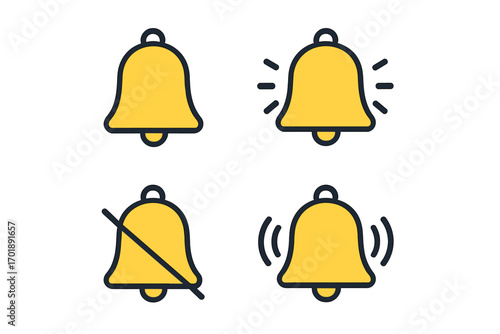 Notification bell icon set for web and mobile apps. Subscribe, alert, and reminder symbols. Ringing, silent, and new message concepts. User interface design element. Vector.