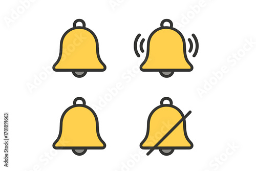 Notification bell icon set for UI UX design. Includes ringing, silent, and mute symbols. Vector pictogram for web, app alert, subscribe button, and reminder message.