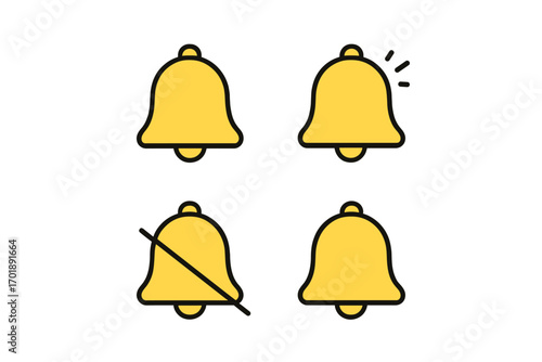 Notification bell icon set for web and mobile apps. UI UX element for alert, reminder, subscribe, and mute functions. Yellow flat design vector illustration collection.