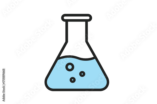 Erlenmeyer flask vector icon. Conical flask with blue liquid solution. Science, chemistry laboratory glassware for research, experiment. Flat minimalist line art symbol.
