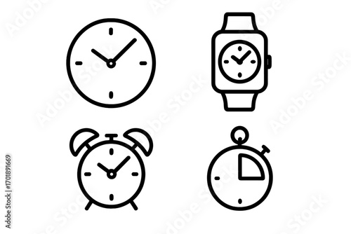 Clock, smartwatch, alarm, and timer line icon set. Minimalist outline symbols for time management concepts. Vector pictograms for web design, apps, UI, UX, and infographics.
