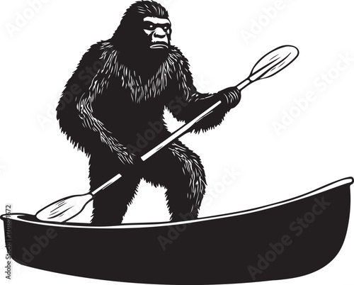 Bigfoot Canoeing Silhouette on Transparent Background