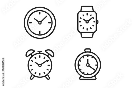 Time and clock line icon set. Vector symbols of wall clock, smartwatch, alarm clock, and timer. Outline pictogram for web, app, infographic. Time management, deadline concept.