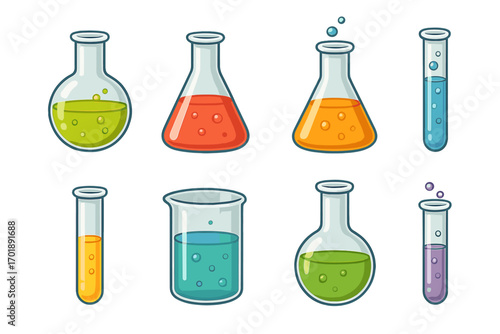 Chemistry glassware vector icon set. Laboratory flasks, beakers, and test tubes with colorful liquids. Science experiment, chemical research, education cartoon illustration.