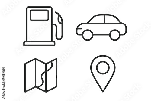 Travel and navigation line icon set. Gas station, car, road map, and location pin symbols. Vector pictograms for UI, web, and app design. Editable stroke transport icons.