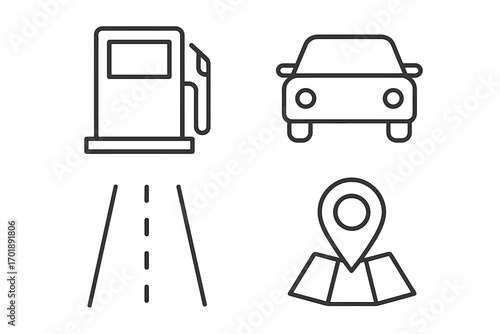 Road trip linear icon set. Gas station, car, highway, and map navigation pin. Simple outline symbols for automotive service, transport, and travel. Editable stroke vector.