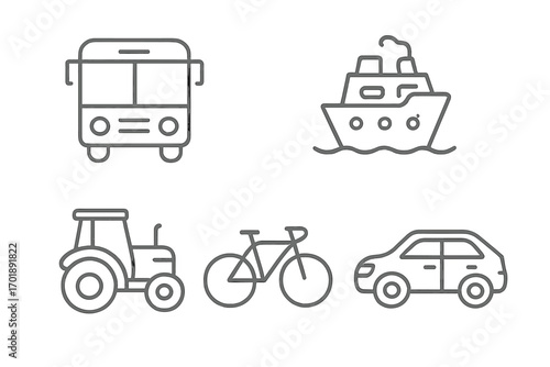 Transport vehicle line icon set with editable stroke. Bus, cruise ship, tractor, bicycle, and car symbols. Simple outline vector pictograms for transportation logistics and travel apps.
