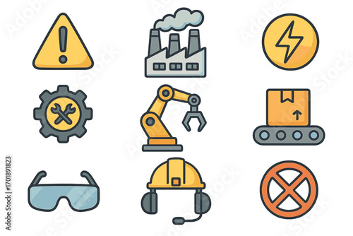 Industrial icon collection for manufacturing and factory safety. Vector symbols for automation, production line, robotic arm, power, and personal protective equipment (PPE).