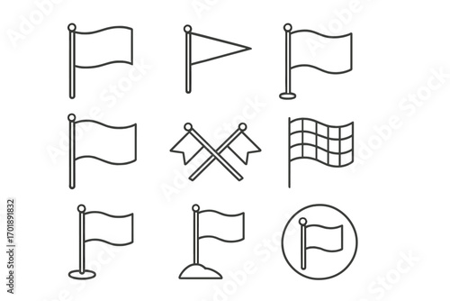 Flag icon set. Thin line art collection of banners, pennants, and checkered flags. Vector symbols for location marker, goal, start, finish, or navigation signs.